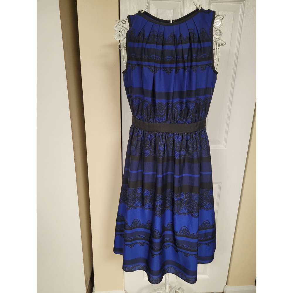 LOFT Royal Blue/Black Lace Pleated Sleeveless FitFlare Boho Dress Womens Size 00